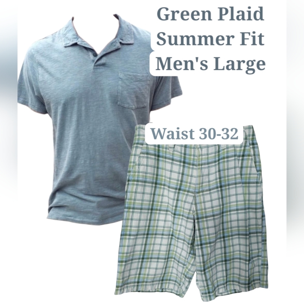 Mens L Aeropostale Green Plaid Shorts + Old Navy Slubbed Cotton Green Polo Shirt